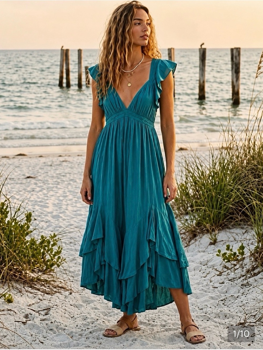 Free People NWT Aquamarine dress in Teal Boho Ruffled Cotton Midi Dress Size XS